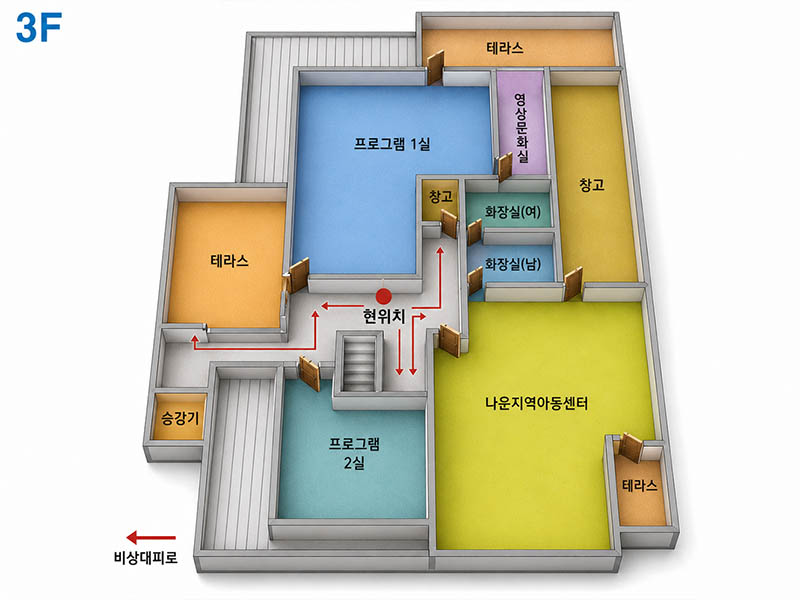본관 3층 평면도/시설 : 프로그램1실, 영상문화실, 화장실(여,남), 창고, 프로그램2실, 나운지역아동센터